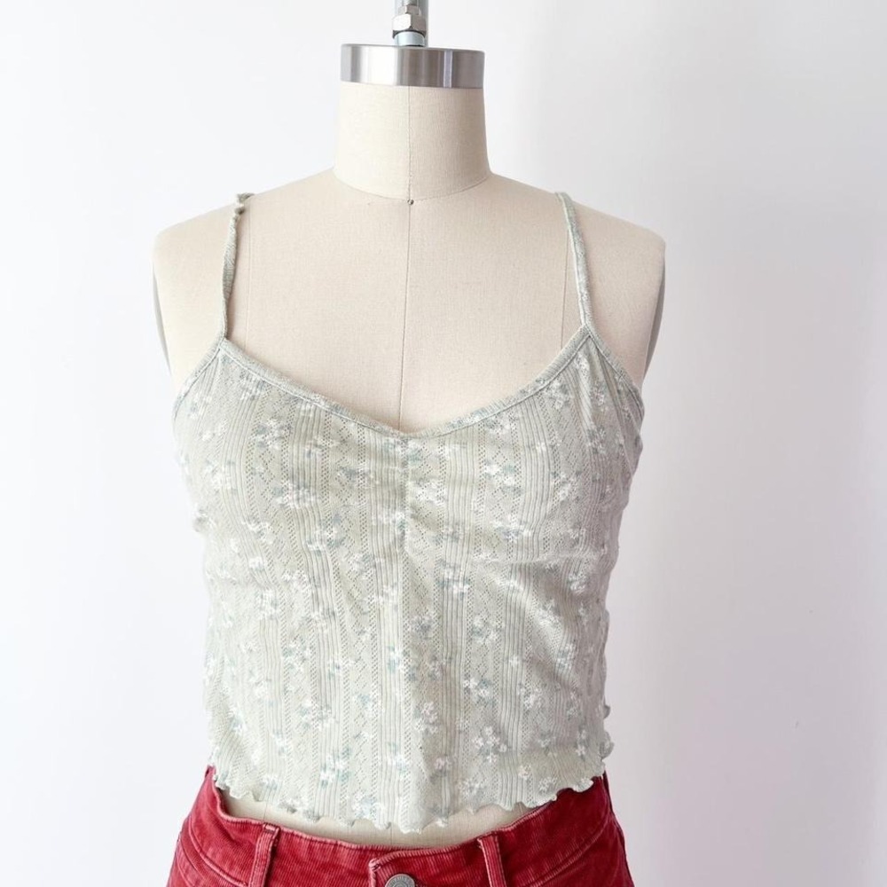 Pink Rose Cami Tank Top Green Floral Pointelle Lettuce Edge Size L